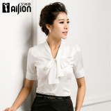 艾尚臣新款韩版夏装时尚修身短袖OL气质大码通勤蝴蝶结淑女白衬衫