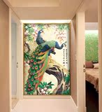古典中式大型壁画 玄关客厅走廊墙纸壁纸无纺布 工笔画富贵孔雀