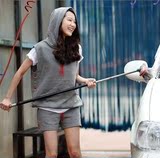 2016韩版春夏新款大码卫衣女薄款宽松无袖蝙蝠衫运动套装短裤背心