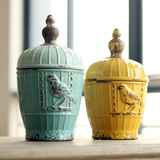 家居饰品陶瓷装饰品摆件婚庆摆设 复古彩釉鸟纹陶瓷储物罐2款选