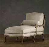 欧式美式乡村仿古复古做旧客厅橡木实木布艺单人休闲贵妃沙发躺椅