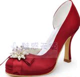2016新款女单鞋专业定制一片式珍珠扣枣红色高跟鞋新娘婚鞋宴会