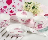 包邮KITTY粉色凯蒂猫套餐六件套餐具 韩式餐具陶瓷套装KT碗盘筷