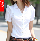 夏季V领职业衬衫女装正装短袖衬衫工装女韩版白领工作服白衬衣女