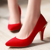 新款春秋春季女士红色细跟结婚鞋红鞋子尖头浅口高跟新娘婚礼单鞋