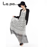 lapayp 春夏新款抽象黑白印花波点雪纺吊带长连衣裙
