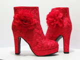粗跟结婚红靴子新娘红鞋鞋敬酒红色短靴高跟防水台婚靴蕾丝红靴子