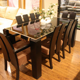 可凡优品 黑橡木皮餐桌简约时尚现代钢化玻璃不锈钢黑色饭桌