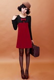 春款韩版时尚修身显瘦长袖红色连衣裙拼色气质直筒连衣短裙清仓