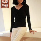 长袖T恤女短裤修身显瘦纯黑色V领常规韩版百搭通勤春季打底衫上衣