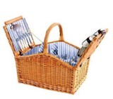 出口英国户外野餐篮带提手4人组蓝白条纹柳编野餐篮带带餐具包邮