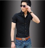 2016夏季款男士修身黑色高领短袖衬衫韩版休闲时尚潮男半袖衬衣