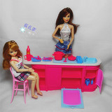 芭比娃娃厨房橱台柜套装灶炉汤锅勺餐具椅6分娃用亲子过家家玩具