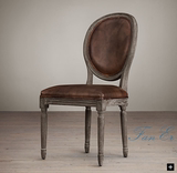 出口欧式外贸原单法式风格橡木实木家具头层牛皮 圆背餐椅 书桌椅