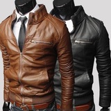 男士外贸短款韩版修身立领机车皮衣外套men's pu leather jacket