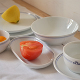 欧式简约蓝条纹边碗盘餐具套装 厨房陶瓷碗盘套件  家用碗碟套装