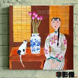 手绘人物油画当代中式无框画动物园抽象装饰画胡永凯女人与花瓶猫
