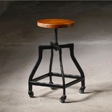 美试现代 复古 工业设计餐椅 金属榆木带轮吧台椅凳