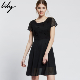 Lily2016夏新款女装商务休闲OL收腰短袖纯色连衣裙115210J7377