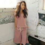 韩国童装16新款女童夏季棉麻中小大童套装儿童无袖阔腿裤女孩两件
