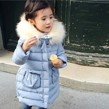 2015冬装新款 韩国童装女童 淑女中长款毛毛连帽休闲儿童棉服棉袄