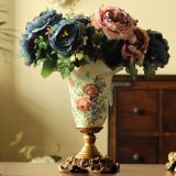 欧式仿真花绢花家居装饰花花艺套装 4束复古把束山茶花+彩绘花瓶
