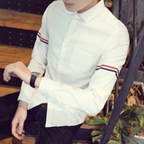 男士秋季休闲衬衣韩版潮流修身青少年衬衫男长袖学生纯色薄款上衣