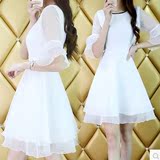 衣百百2015夏新款韩版欧根纱连衣裙白色喇叭袖气质仙女中袖蓬蓬裙