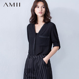 Amii品牌女装旗舰店简约长袖大码雪纺衫女士上衣口袋宽松小衫夏季