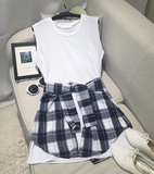 夏季新品女格子衣学院风连衣裙拼接韩版T恤背心不规则两件套裤裙
