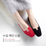 SMIDDEN韩国单鞋新款平跟羊皮红色平底鞋绒面方头浅口女鞋船瓢鞋