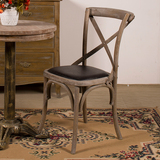 法式复古做旧餐椅背叉椅实木家具交叉椅美式乡村橡木真皮坐垫椅子