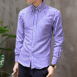 新款男装流行长袖格子条纹衬衫大码衬衣修身青年上衣韩版时尚潮流