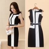 韩式女子夏装新款欧美大牌黑白撞色拼接气质白领背心裙雪纺连衣裙