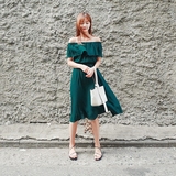 2016新款韩版女装夏季雪纺一字领露肩连衣裙松紧腰气质显瘦长裙