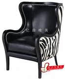 实木老虎椅美式单人沙发布皮高背椅欧式美式复古卧室书房酒店个性