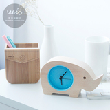 Weis 创意犀牛造型原木时钟 简约田园床头桌面摆件时钟家居钟表
