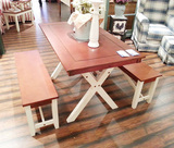 现代美式乡村风格 地中海田园实木家具 折叠双人餐桌 长条凳组合