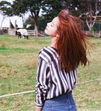 2016春实拍韩国正品代购cherrykoko女装 条纹V领条纹长袖衬衫