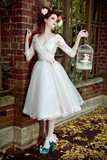 2015新款婚纱礼服短款显瘦韩版蕾丝公主V领复古长袖新娘出门纱
