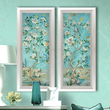 定制油画客厅玄关大幅竖式有框装饰画双联欧式美式挂画蓝色花卉