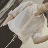 2016夏季新款韩版学院风淡粉色竖条纹小立领薄七分袖棉麻衬衫女潮