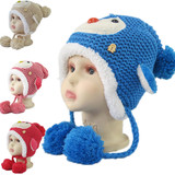 新款男童女童冬天护耳毛线雷锋帽里面绒料 卡通企鹅鼻子亮灯设计