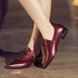 2016红色小皮鞋真皮女尖头单鞋中跟41-42大码女鞋平底时装鞋铆钉