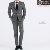 韩国代购男装冬季新款加厚格子西装潮男个性时尚商务婚宴西服套装