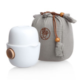 Oranhome时尚白瓷快客杯 台湾陶瓷旅行功夫茶具 精致亚麻便携布包