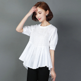 2016夏季新款白色短袖衬衫女韩范宽松中长款上衣韩版中袖娃娃衫