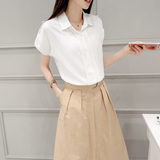 2016夏装韩版POLO领白色衬衫高腰连衣裙套装套裙女时尚长裙两件套