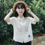 日系夏装森女学院风可爱卡通动物字母印花白色衬衫短袖宽松女大码