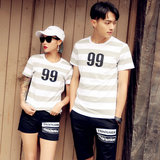 2016夏装新款韩版情侣装短袖T恤衫韩国数字印花条纹打底上衣半袖